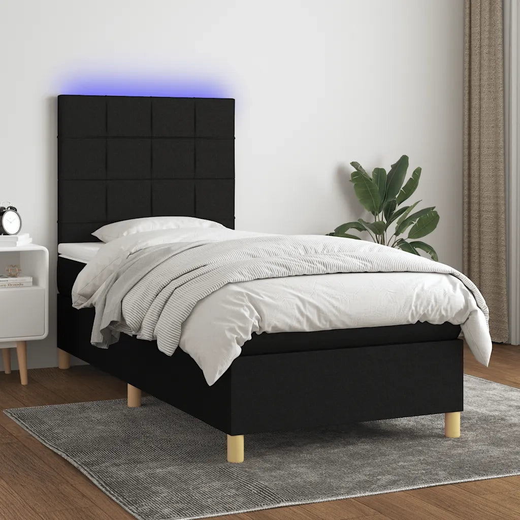 Letto singolo | Letto per adulti | Letto a Molle con Materasso e LED Nero 90x200 cm in Tessuto
