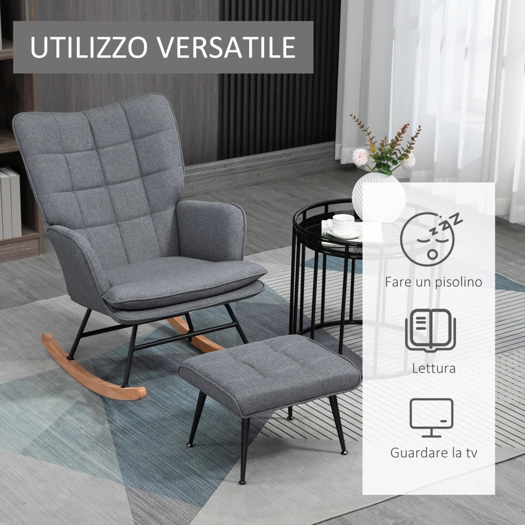 Sedia a Dondolo con Pouf in Tessuto Effetto Lino e Legno con Cuscino, Braccioli, Capacit¨¤ 130 kg, Grigio