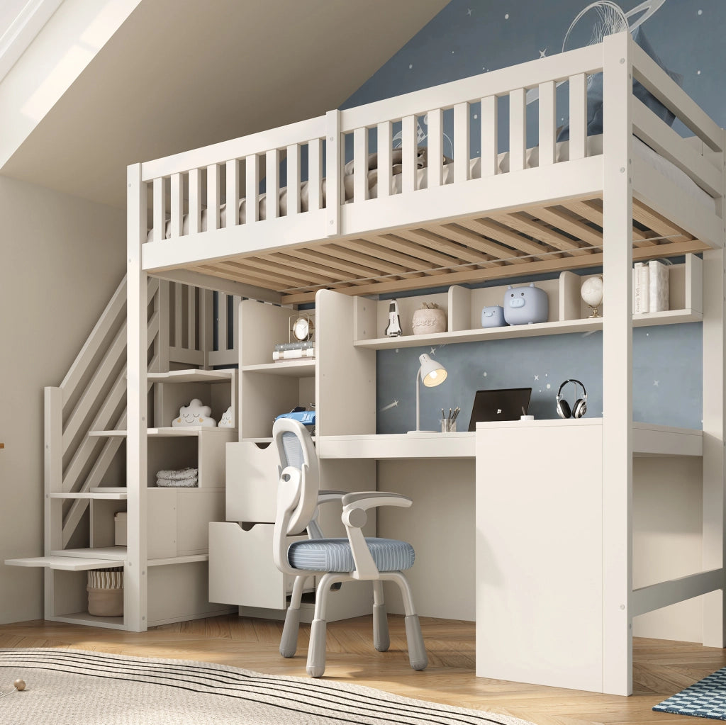 Letto a soppalco 90x200 cm bianco in legno con scrivania ad angolo e scala contenitore