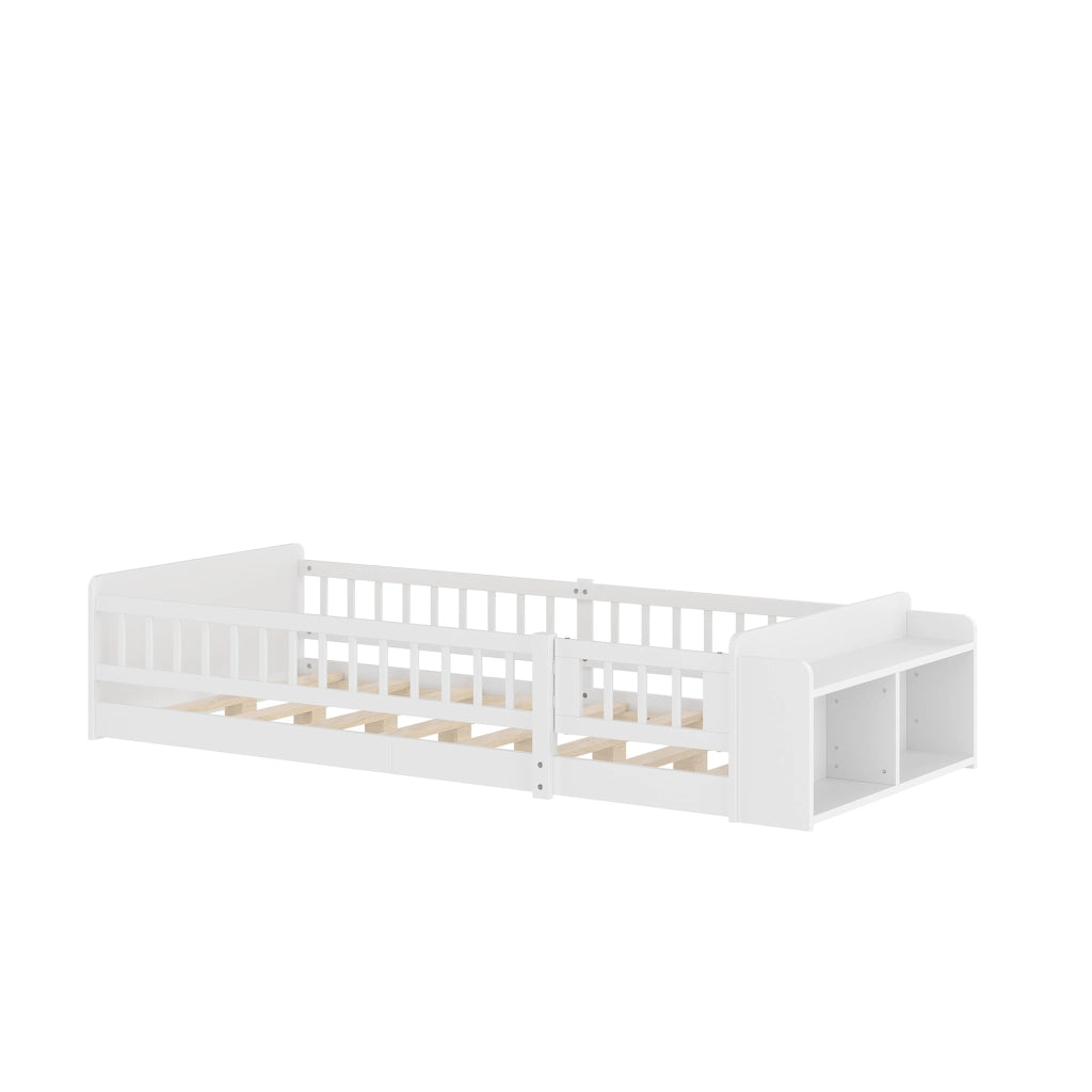 Letto per bambini in pino bianco 90x200 cm con contenitore aperto e scaffali, senza materasso