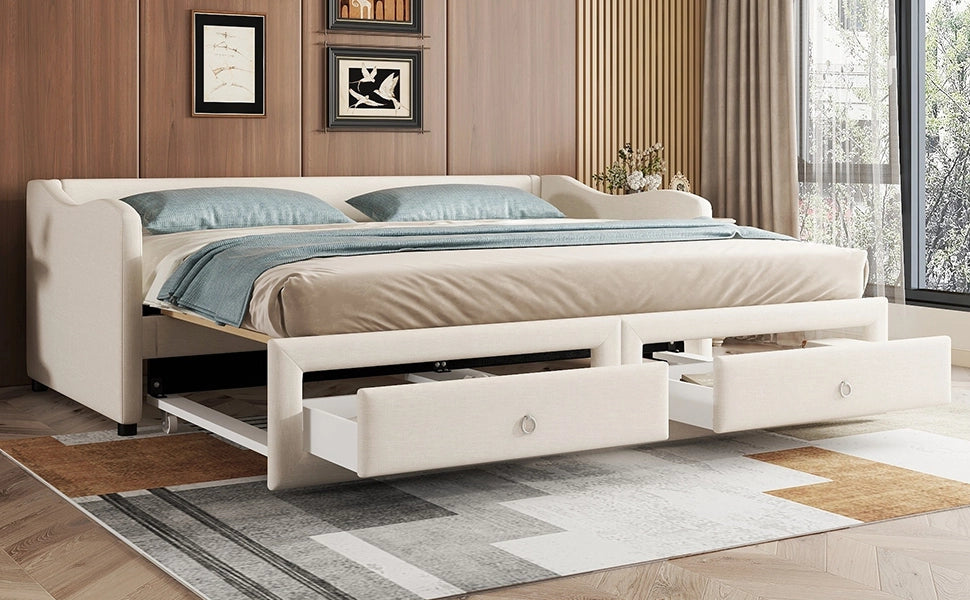 DESMIU Letto con rete estraibile 90 × 200 cm 1 piazza con 2 cassetti, senza materasso, in lino, beige