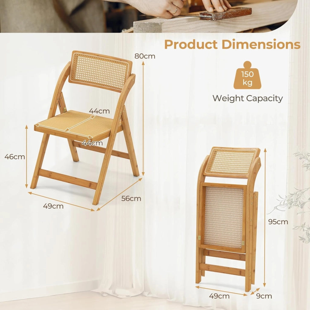 Set di 2 sedie da pranzo pieghevoli in rattan, sedie da cucina con telaio in bambù, schienale girevole a 360° e seduta larga, portata fino a 150 kg, per soggiorno, camera da letto, sala da