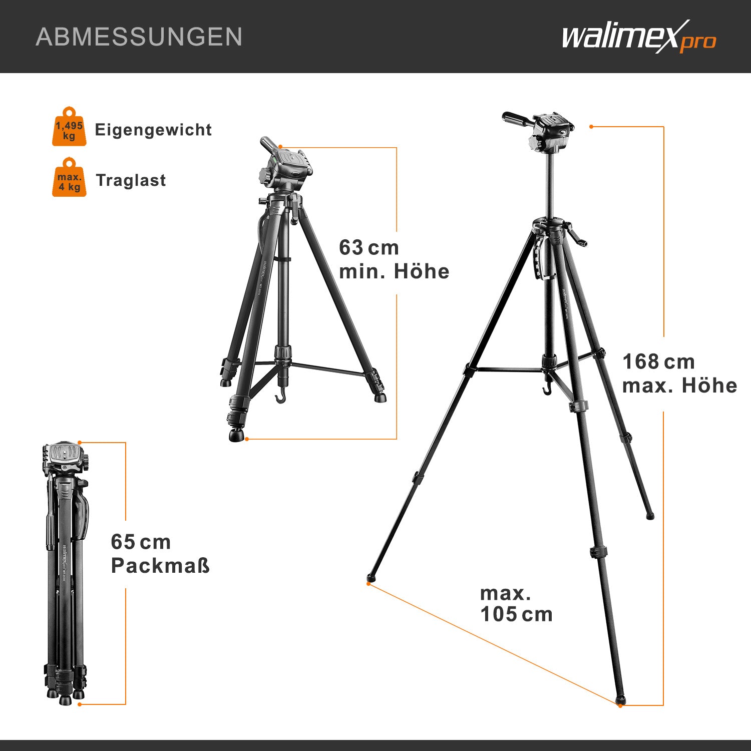 WT-3570 Cavalletto fotografico basic 168 cm nero, con testa a 3 vie e livella, Treppiede Stativo per foto video fotocamere DSLR DSLM action cam