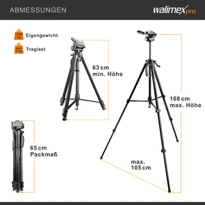 WT-3570 Cavalletto fotografico basic 168 cm nero, con testa a 3 vie e livella, Treppiede Stativo per foto video fotocamere DSLR DSLM action cam