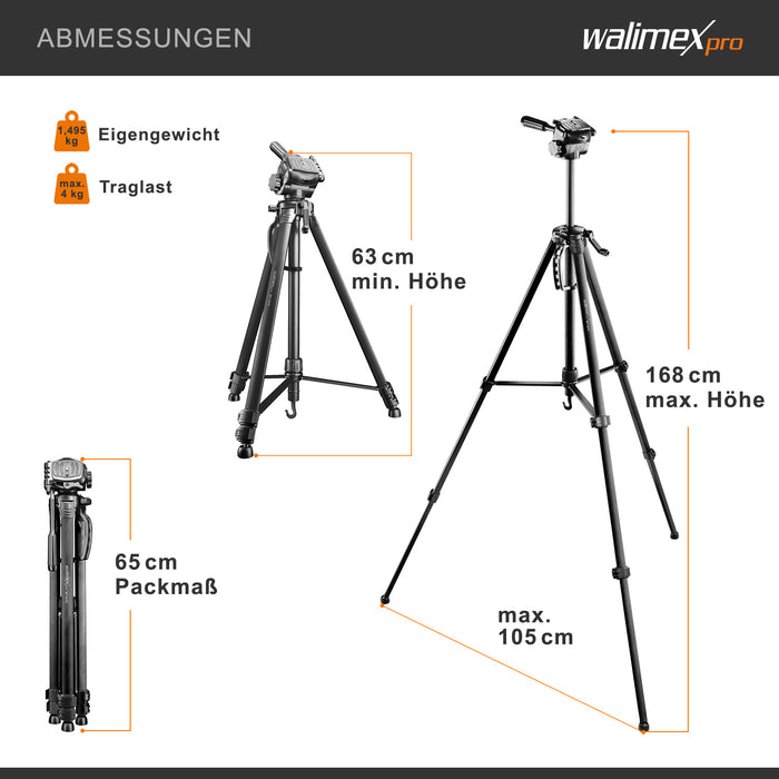 WT-3570 Cavalletto fotografico basic 168 cm nero, con testa a 3 vie e livella, Treppiede Stativo per foto video fotocamere DSLR DSLM action cam