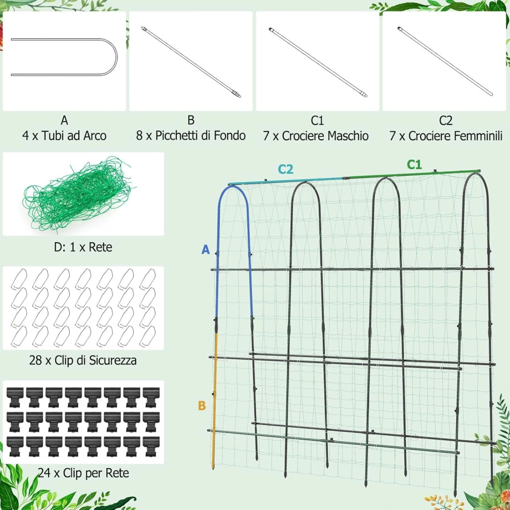 Traliccio per Piante Rampicanti ad Arco 179 x 180 cm, Trellis Alto a Forma di U per Cetrioli da Letto Rialzato con Rete, Supporto per Piante all'Aperto per Frutta e Fiori