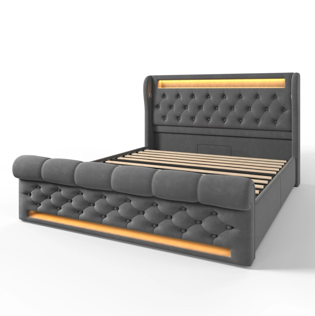 Letto matrimoniale imbottito 140x190 cm in velluto grigio con LED; ricarica USB e Type-C; contenitore idraulico