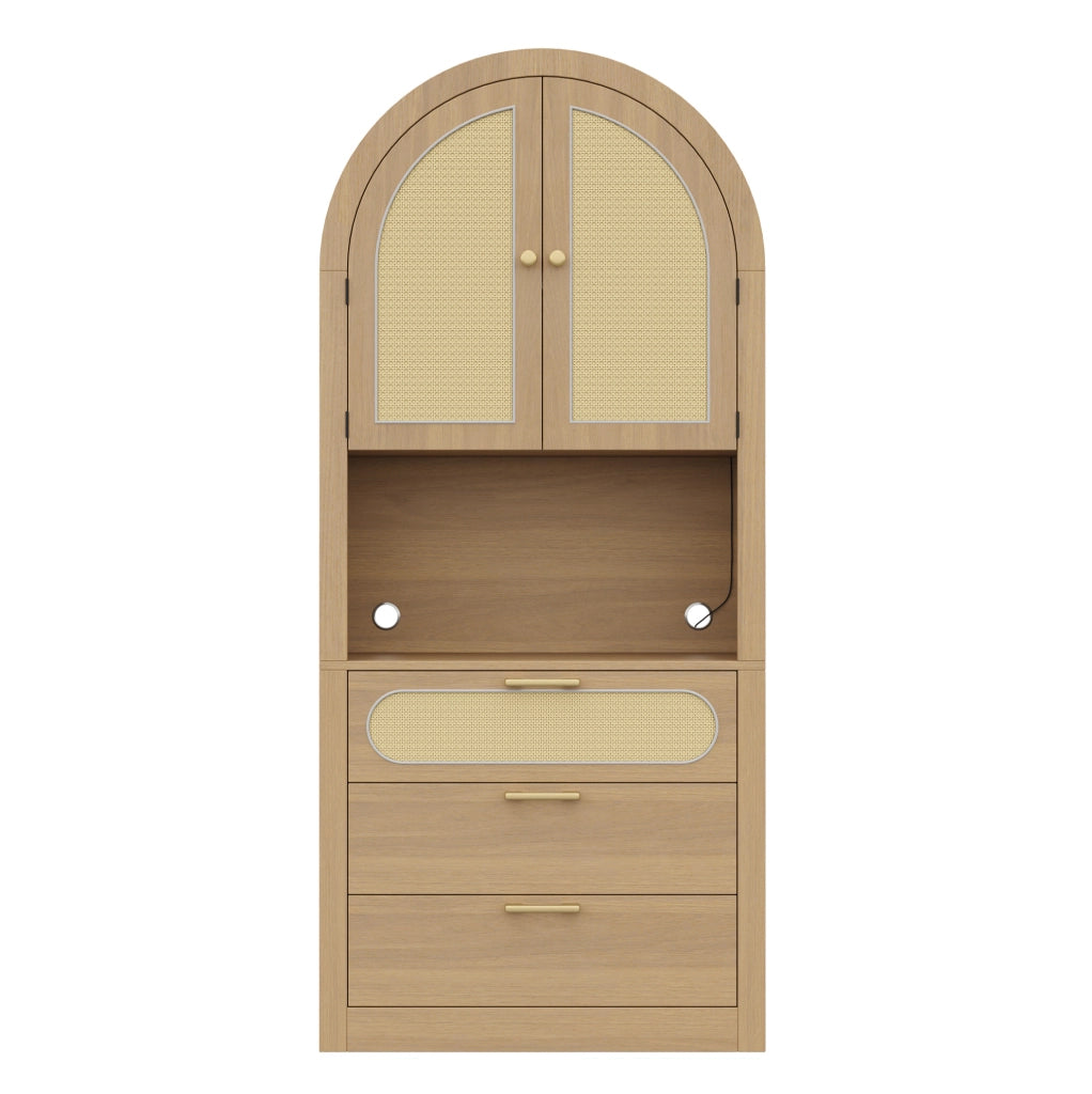 Credenza 80x35x180 cm con LED regolabile e ante in rattan; MDF e truciolare; bianco e naturale