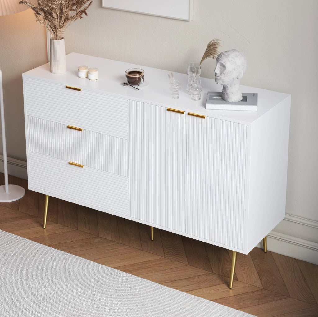 credenza 120 cm bianca e dorata - 3 cassetti, 2 ante, contenitore