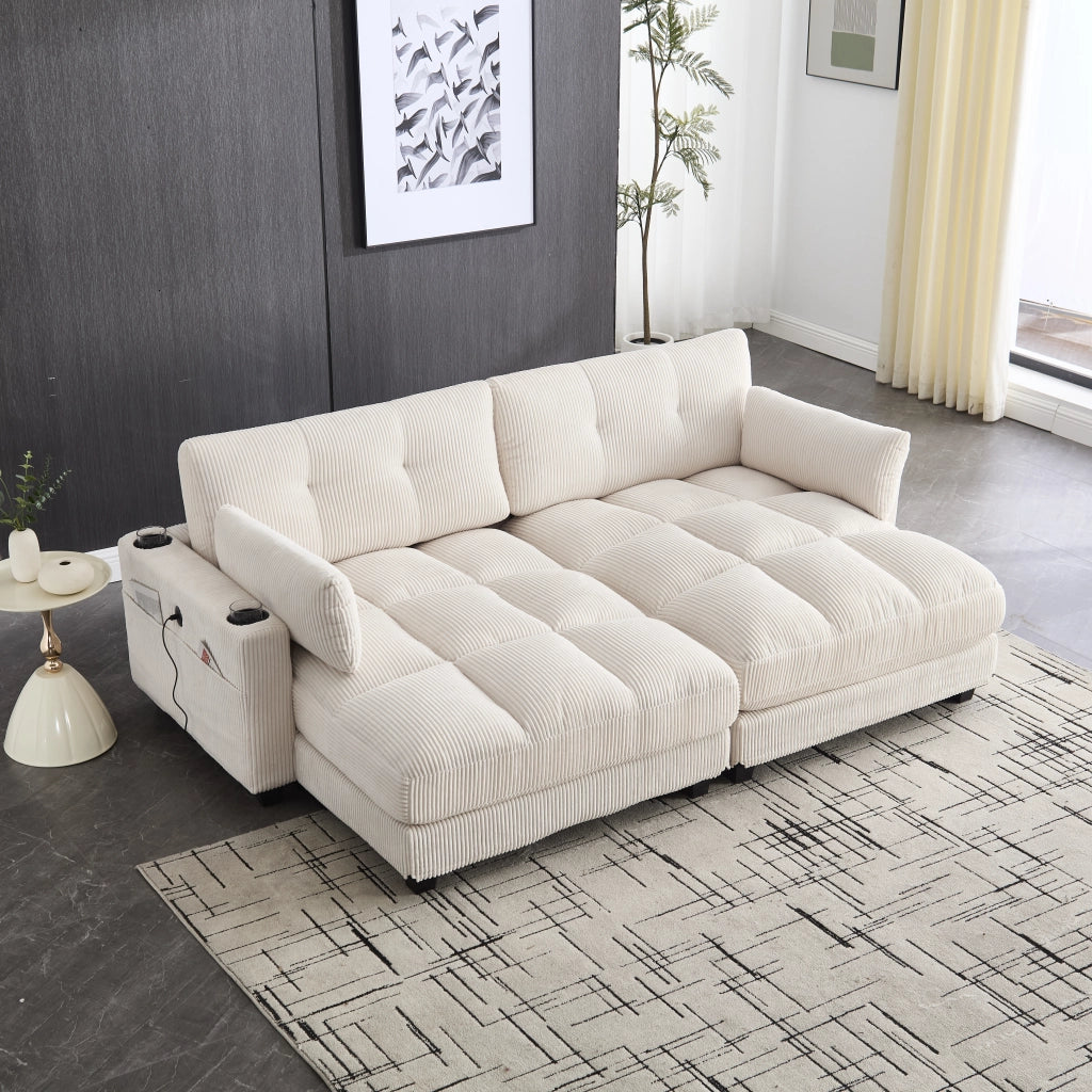 DIVANO Modulare 224x140x81 cm in Corduroy Beige Divisibile in 2 Sedute