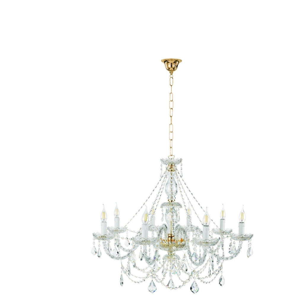 LAMPADARIO OPERA 8 LUCI TRASPARENTE E ORO ATTACCO E14 VETRO E CRISTALLO D.84CM