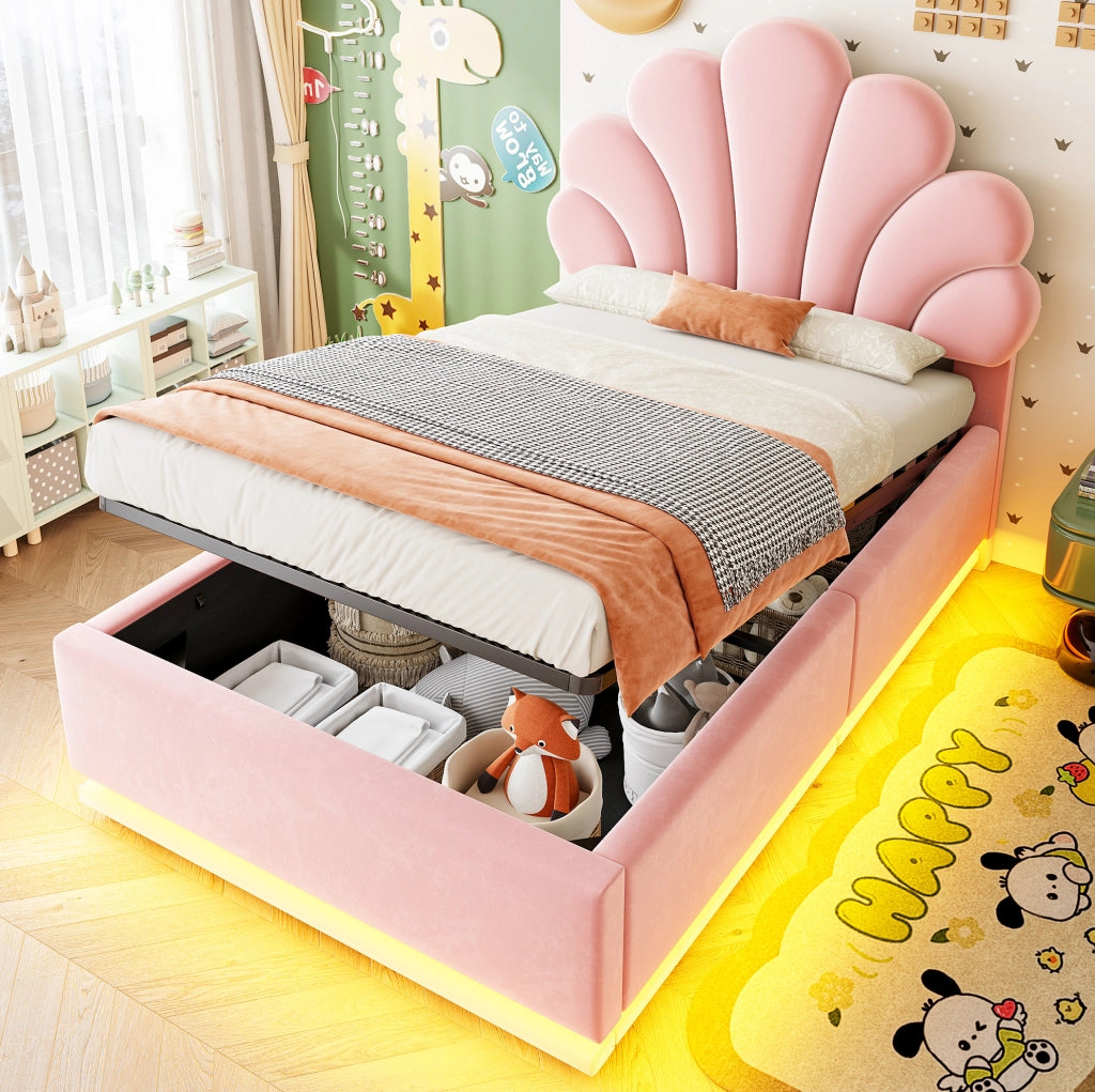 Letto imbottito contenitore 90 x 200 cm rosa con LED e testiera a fiore
