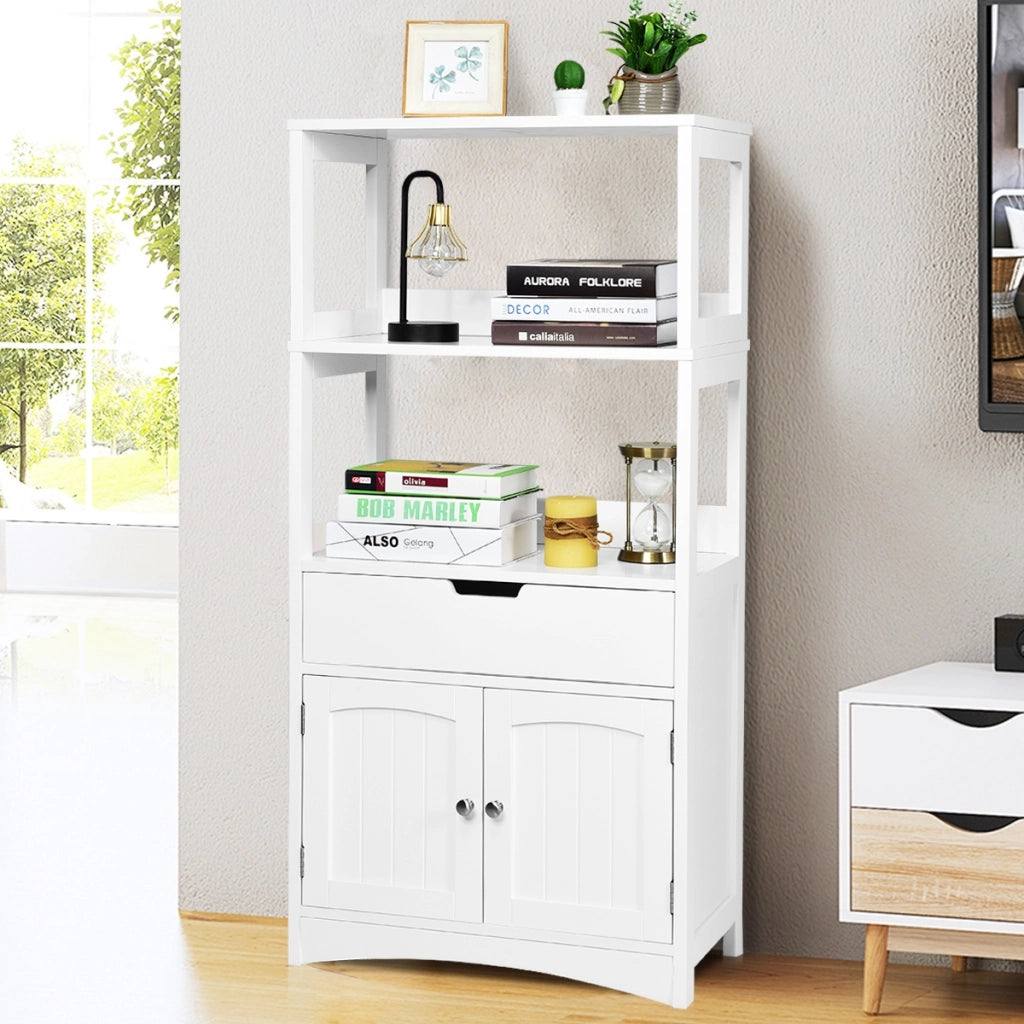 Armadietto in legno da cucina con cassetto e mensola, Armadio con 2 ante multiuso per cucina e soggiono Bianco-Scaffali e librerie