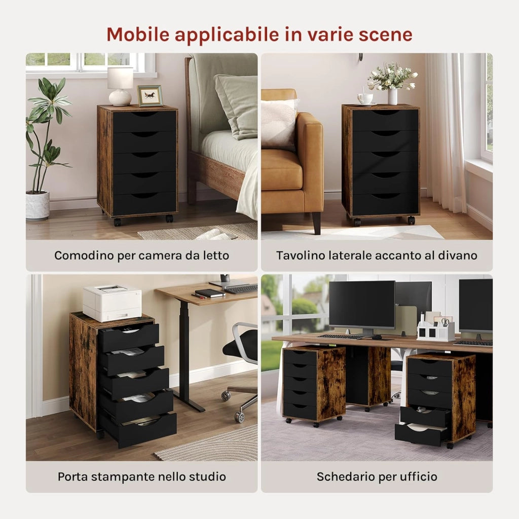 Scrivania a Piedistallo con 5 Cassetti, Schedario Rotante, Comodino, Mobile per Ufficio, Camera da Letto, in Legno Ingegnerizzato PB, Marrone Rustico, 40x40x66,5cm