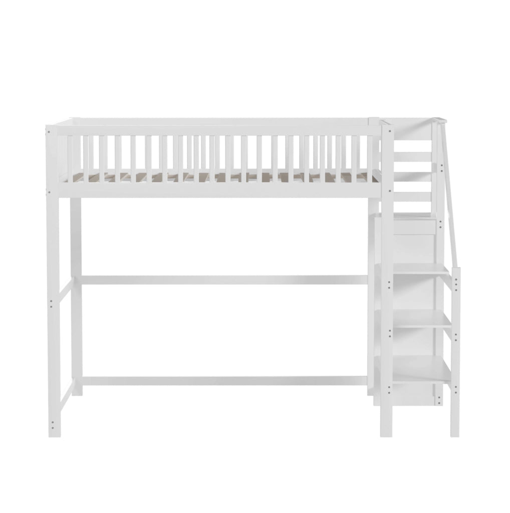 Letto a soppalco 140x200 cm in legno bianco con scala di sicurezza e armadio integrato