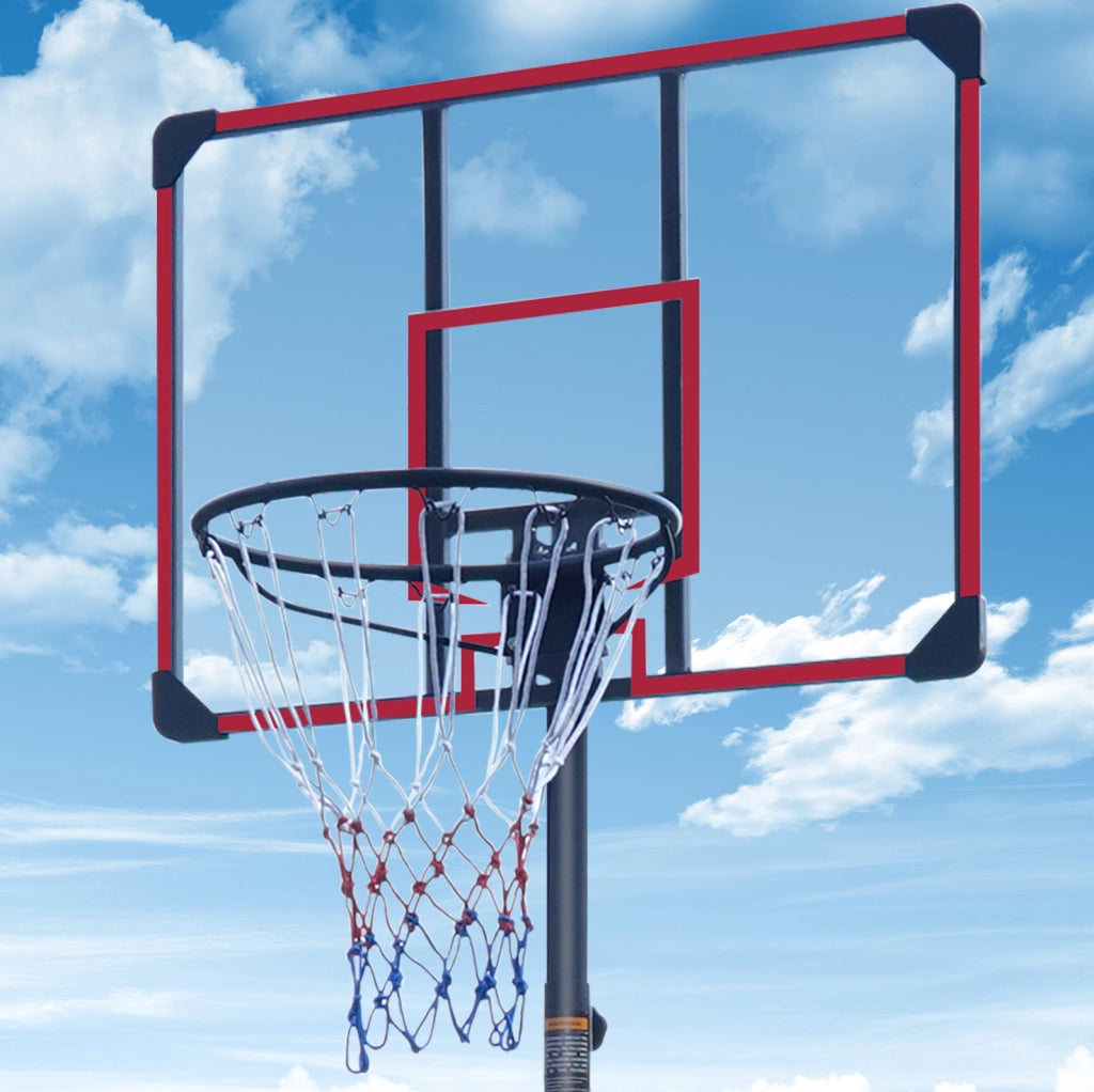 Canestro da basket ULEVR regolabile 228,6-280,42 cm con ruote, tabellone e base triangolare nero e rosso