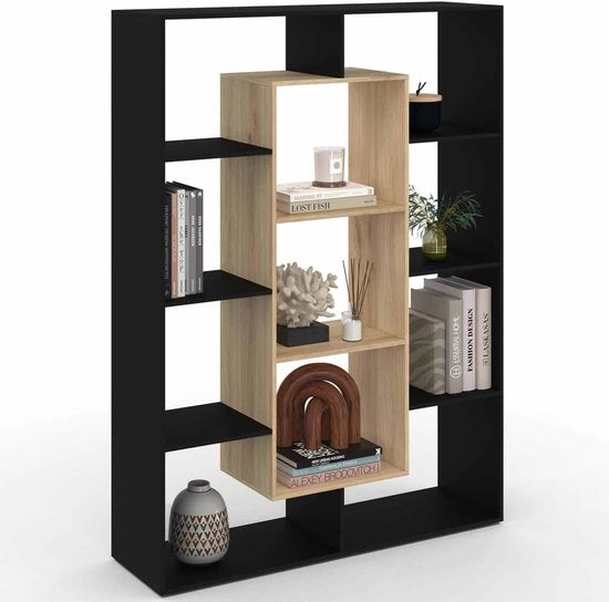 Cassettiere 11 Scomparti – Cassettiera Aperta Scomparti in Legno Nero – Pannelli per Libri Verticale 143 cm – Divisorio per Stanza – Cassettiera per Oggetti Woonkamer Ufficio – 104 x 30 x 143 cm