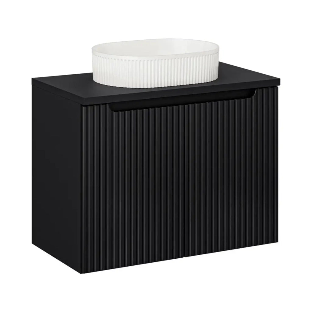 Set VANO 80cm: mobile sotto lavabo con armadietti + piano per lavabo nero opaco + lavabo da appoggio scanalato bianco