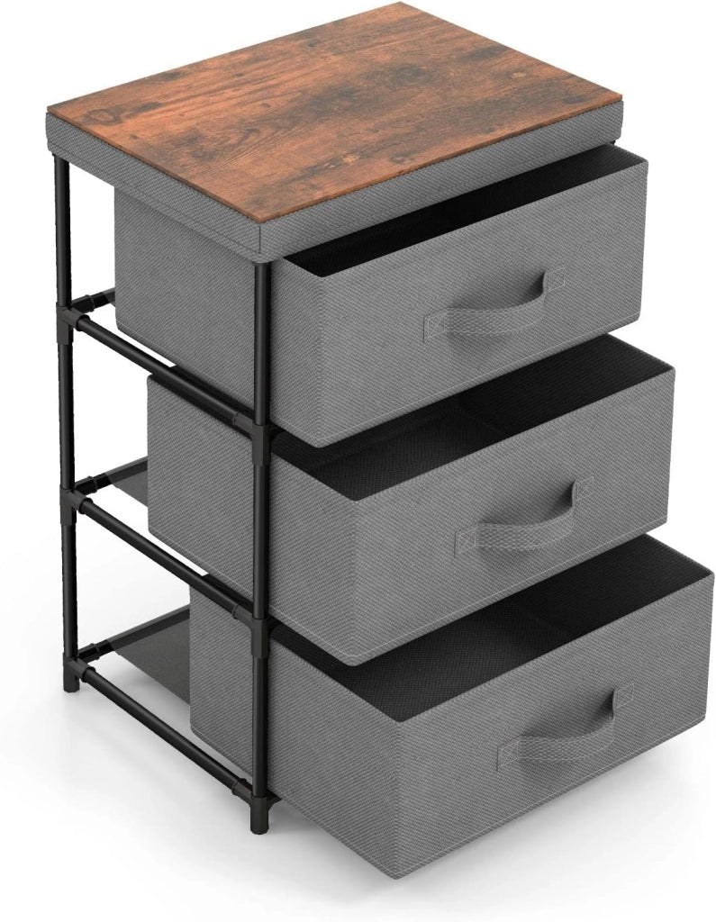 Armadietto a 3 Cassetti, Cassettiera Verticale con Contenitori in Tessuto Pieghevoli e Rimovibili, Comò in Stile Industriale per Camera da Letto, Soggiorno e Ufficio, 3 Colori (Grigio)