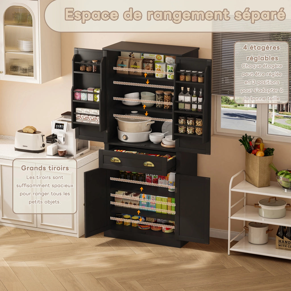 Credenza da Cucina Alta con 4 Ante; 1 Cassetto e 4 Ripiani Regolabili; in MDF; Nero; 80 x 40 x 182 cm