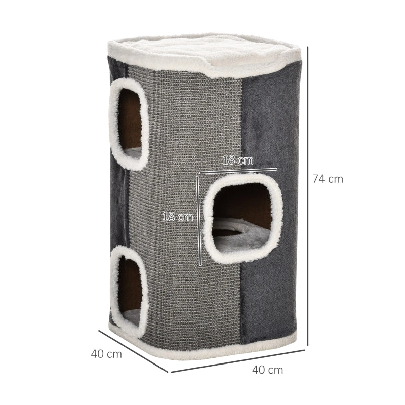 Tiragraffi per gatti a 3 livelli con fori, rivestimento in poliestere, colore grigio, 40x40x74 cm