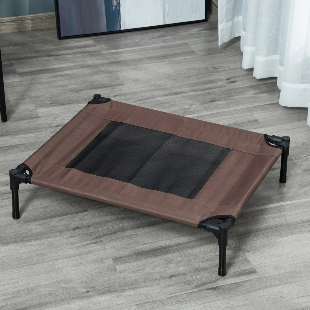Cuccia per cani rialzata con telaio in acciaio, tessuto Oxford e rete traspirante per esterni marrone 76 × 61 × 18 cm