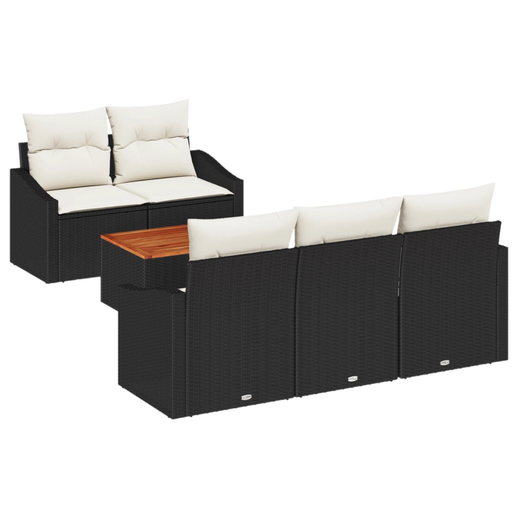 Set Divano da Giardino 6 Pezzi con Cuscini Nero Rattan Polietilene Acacia