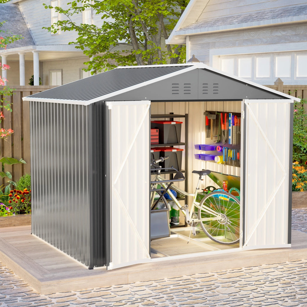 Casetta da giardino in metallo con porta a ribalta e prese d’aria, grigio, 229,4 × 180 × 192,3 cm