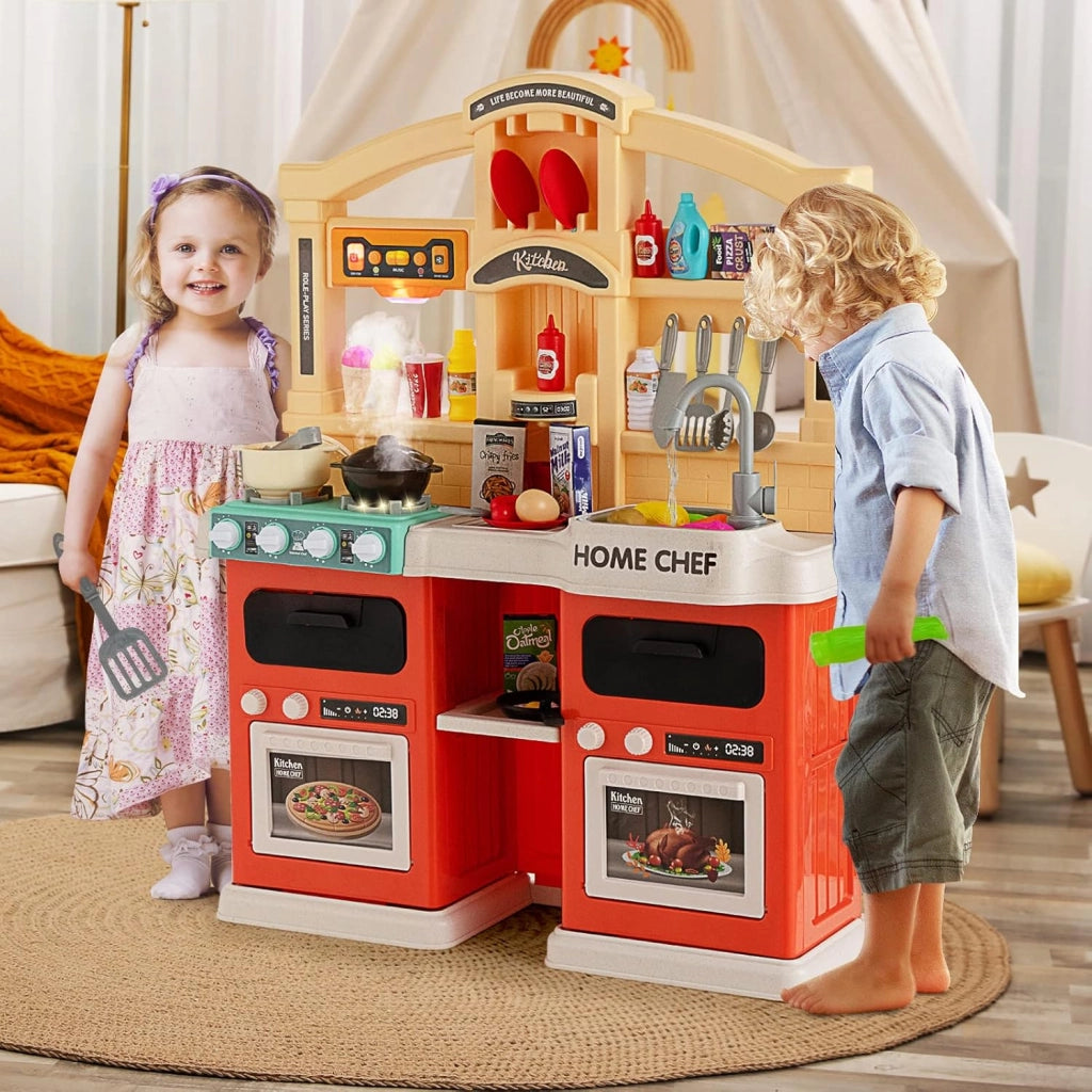 Cucina Giocattolo per Bambini 69 Pezzi, Cucinetta per Bambini 3 Anni+ con Luci Suoni Vapore e Acqua in Ebollizione, 3 Anni+, 64,5 x 24 x 83 cm (Arancio)