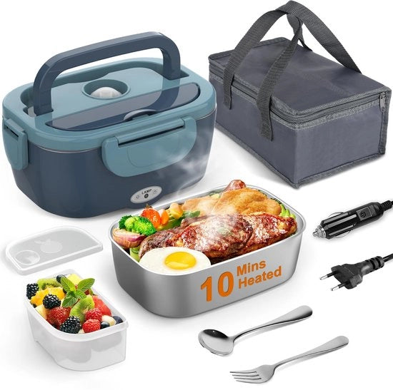 Thermo lunchbox elettrica, 80W con borsa, forchetta e cucchiaio in acciaio inossidabile e contenitore alimentare da 1,5L, 12V 24V 110~230V, impermeabile, thermo lunchbox elettrica per auto, camion, ufficio