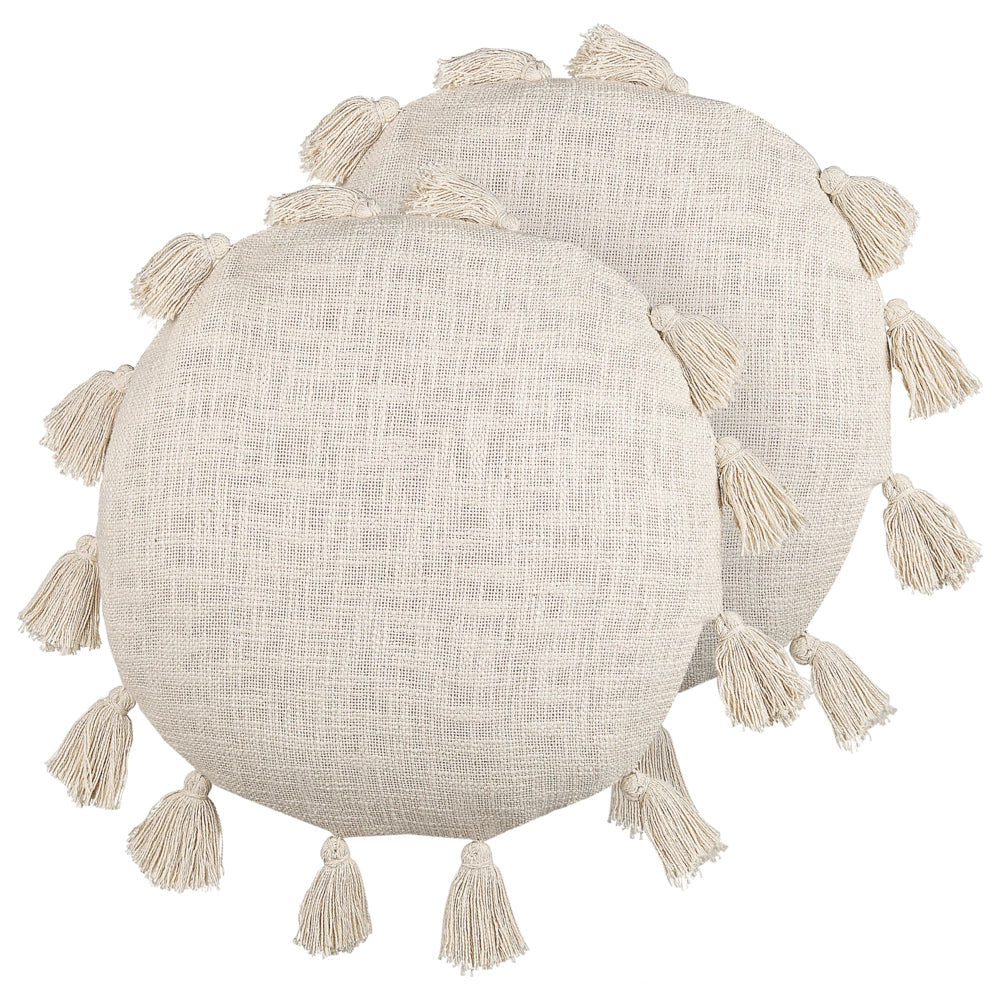 Set di 2 cuscini decorativi cotone beige 45 cm rotondi con nappe accessori decorativi moderni boho