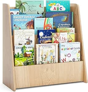 Libreria per Bambini a 4 Ripiani, Scaffale in Legno con Ampio Spazio di Esposizione, Porta Riviste per Camera dei Bambini Sala Giochi e Aula, 57,5x26,5x59 cm (Naturale)