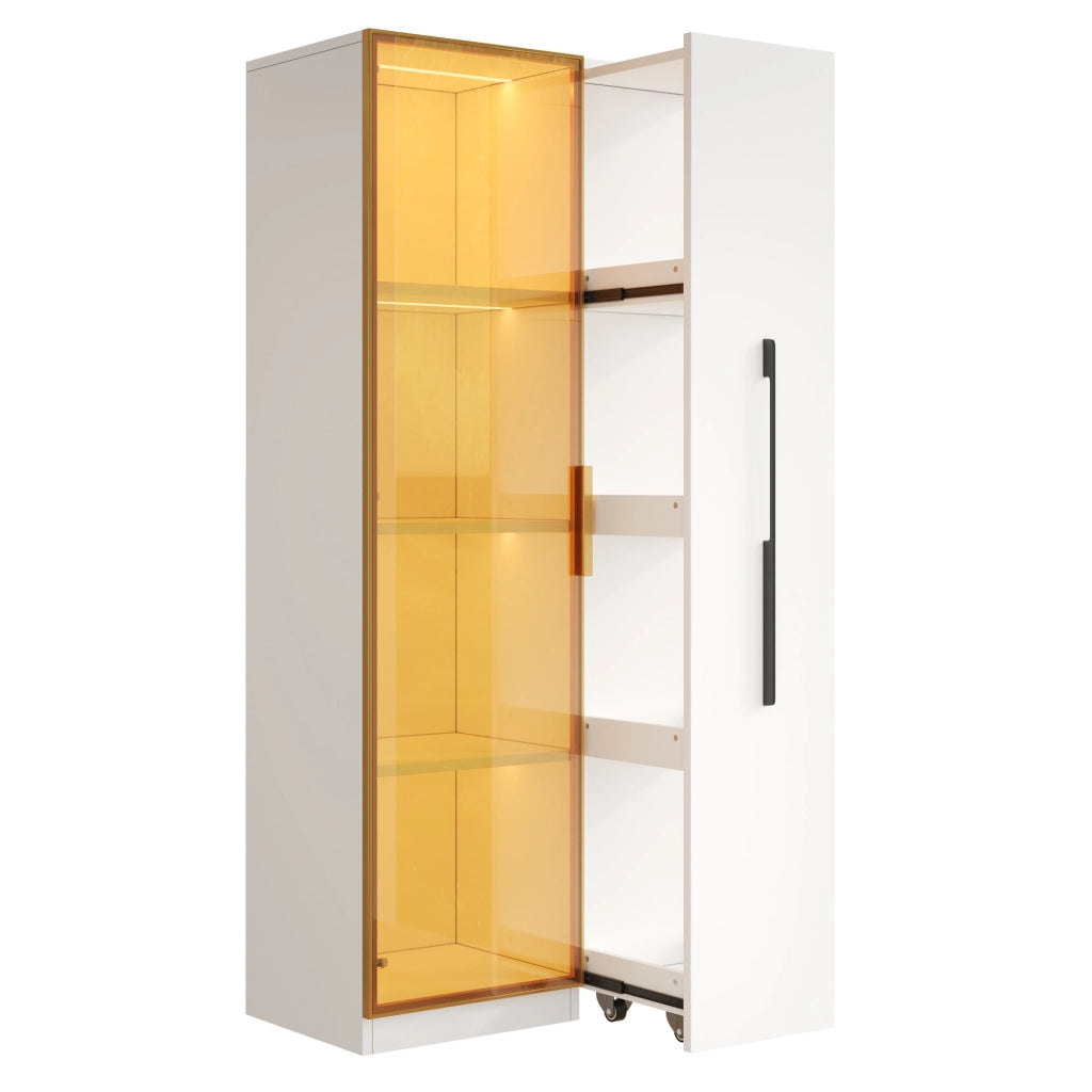 Vetrina bianca in MDF con LED, vetro ambrato e modulo laterale
