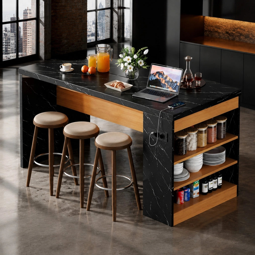 Isola cucina 155x80x90 cm con LED, prese USB e ripiani