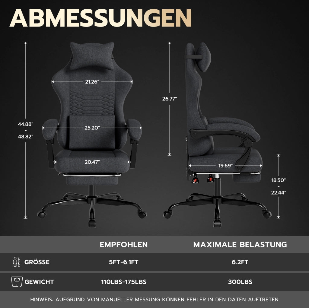 Sedia gaming ergonomica in tessuto nero con poggiatesta; supporto lombare e poggiapiedi