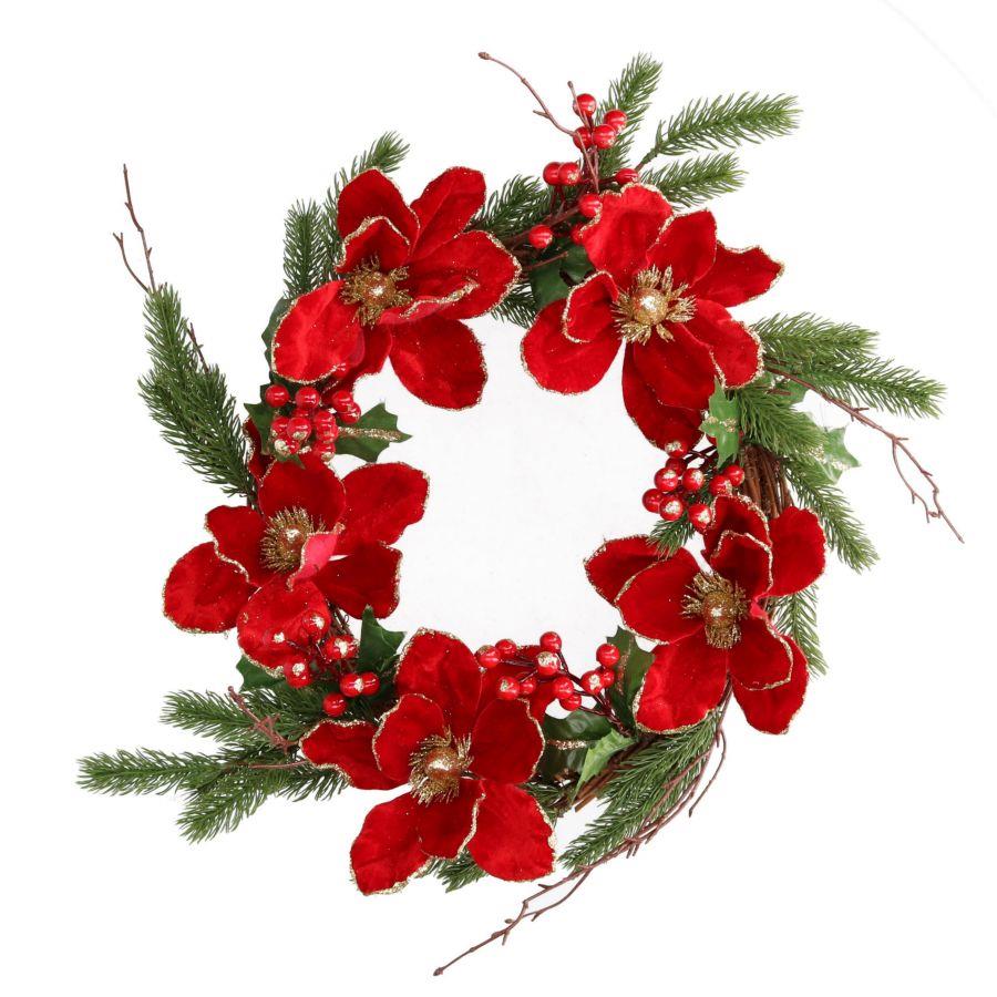 Coroncina fiori bacche rosso oro tondo cm Ø50x40