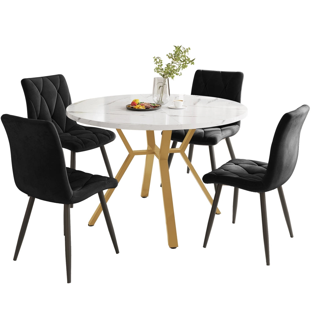 Tavolo da pranzo per 4 persone con 4 sedie, piano tondo in MDF effetto marmo, gambe in metallo dorato, nero e verde
