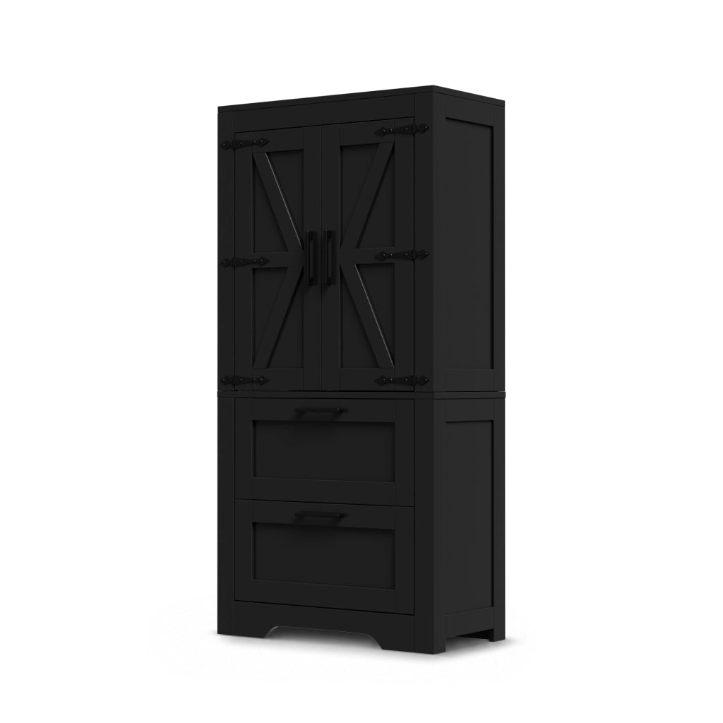 Credenza alta da cucina in stile rustico, con 2 cassetti, ripiani regolabili, struttura autoportante, colore nero