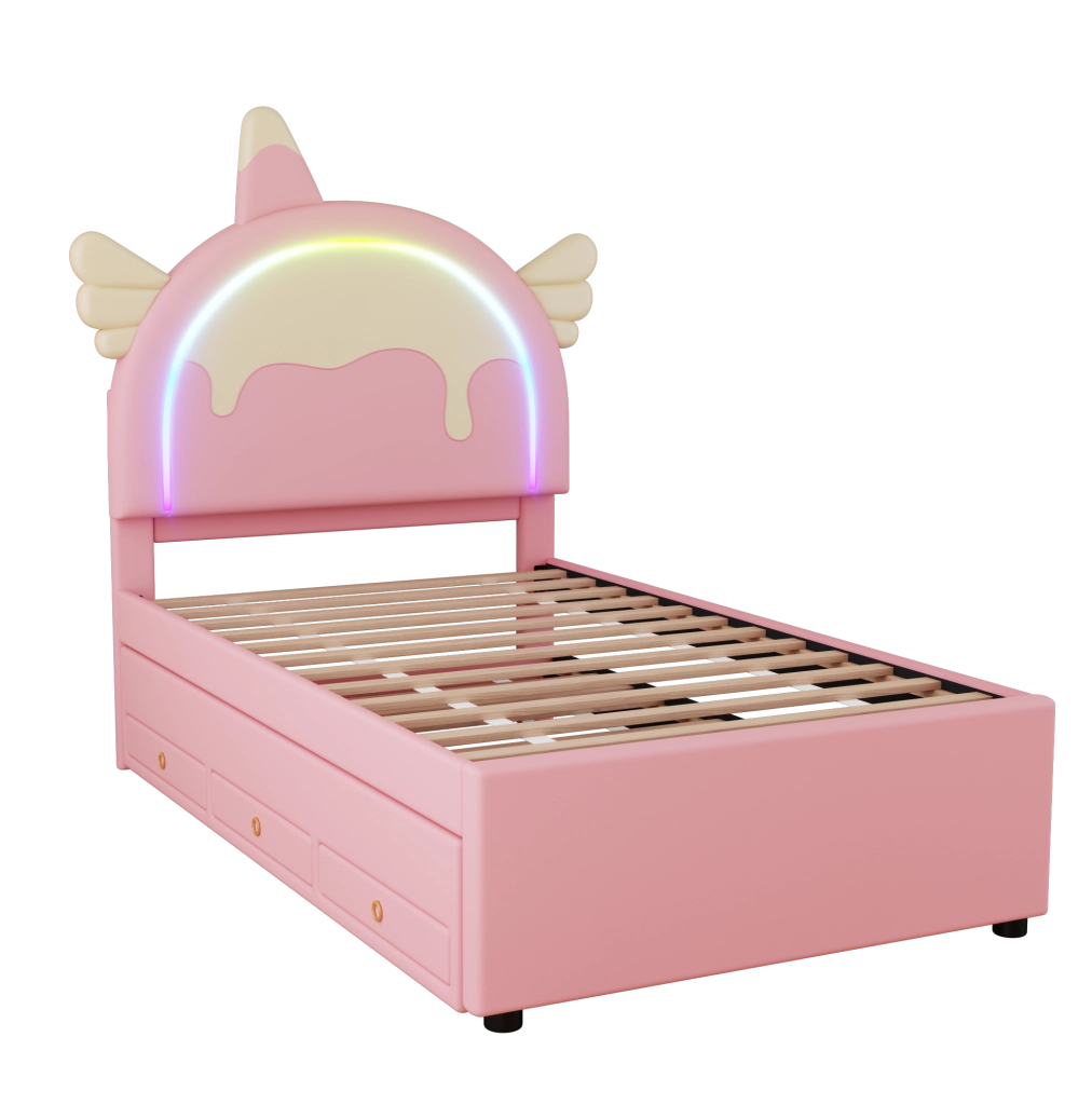 Letto per bambini 90x200 cm; con letto estraibile; PU; rosa