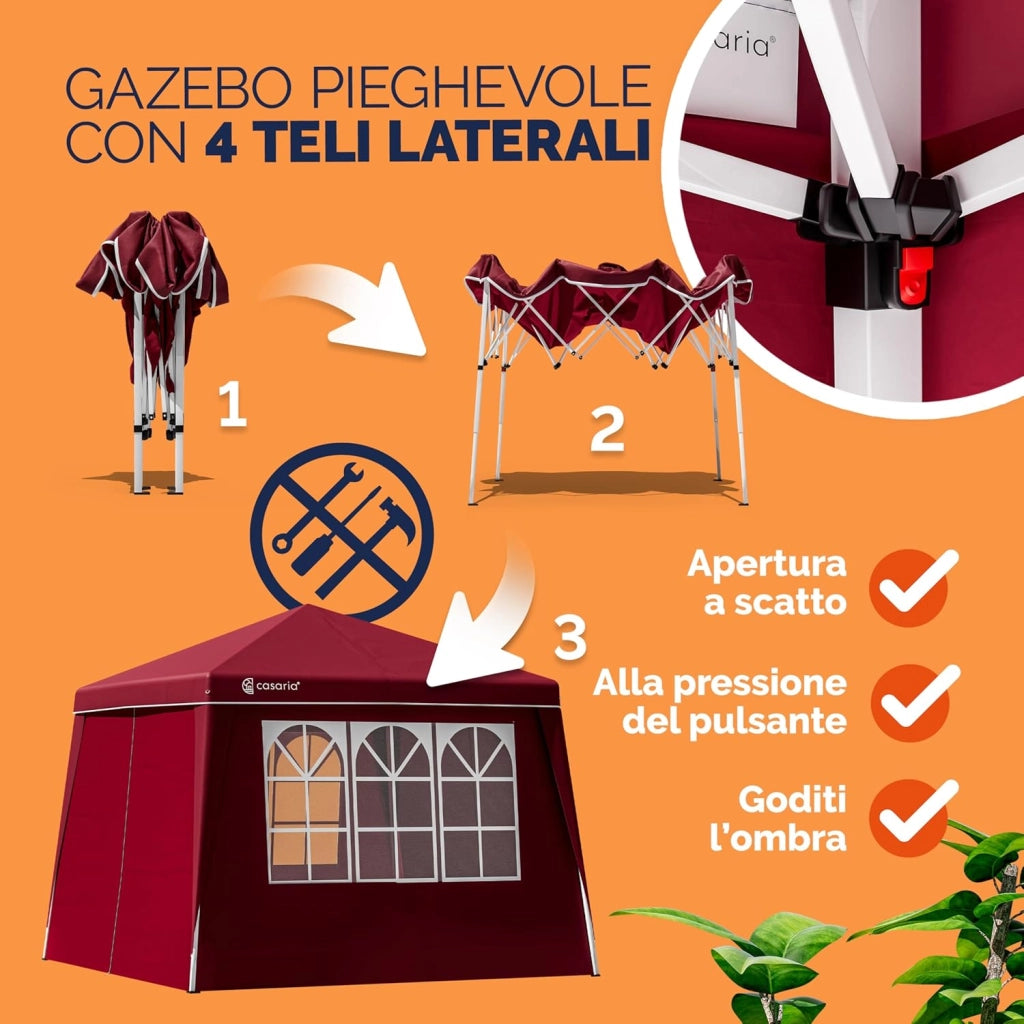 ® Gazebo pop-up, 3 x 3 m, con 4X parti laterali, scelta di colori, protezione UV 50+, con custodia, impermeabile, pieghevole, padiglione pieghevole, tenda per festival, capri rosso