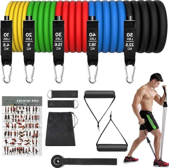 Set di 5 cinture elastiche per allenamento di forza - diverse resistenze - cintura singola e anello porta - fitness pilates con cintura di resistenza - 10 a 150 lbs