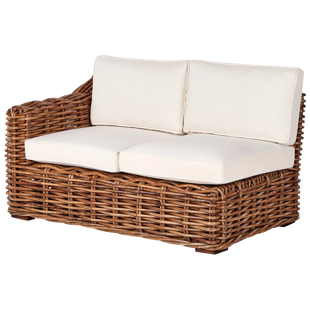 Divano da giardino in rattan naturale per esterni a 3 posti con cuscini bianchi in vimini, soggiorno tradizionale Boho
