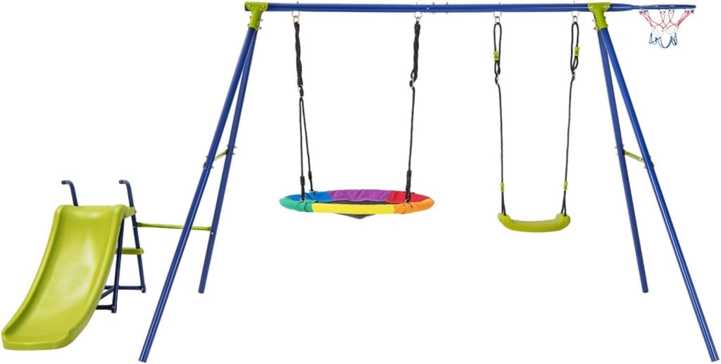 Set di Altalene da Giardino per Bambini 3-10 Anni, Seggiolino Altalena Bambini 4 in 1 con 2 Altalene, Scivolo e Canestro da Basket, Scivolo e Altalena per Uso Esterno e Interno