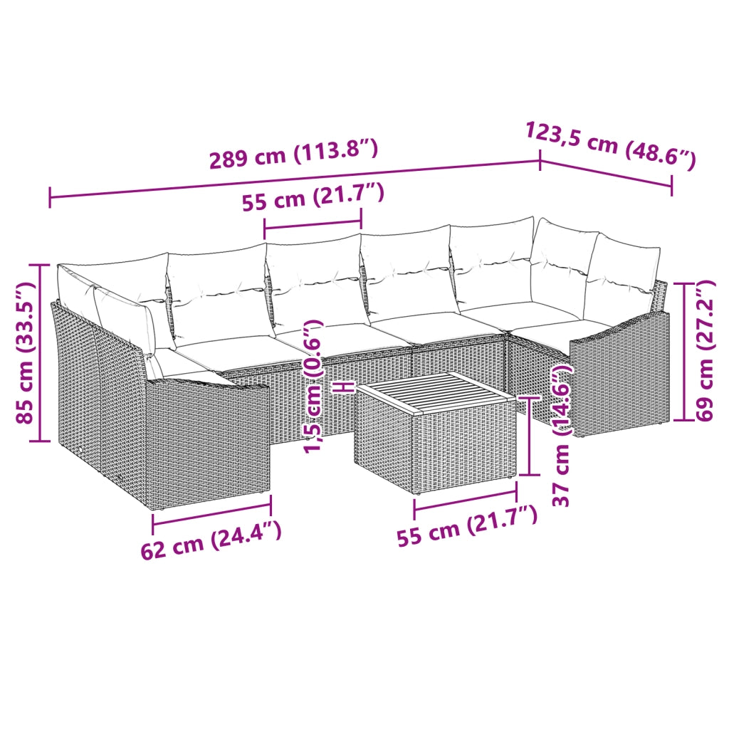Set di divano da giardino 8 pezzi con cuscini in polirattan nero e acacia