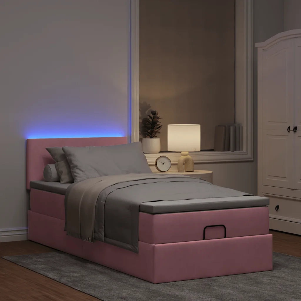 Pouf Letto con Materasso e LED Rosa 80x200cm in Velluto