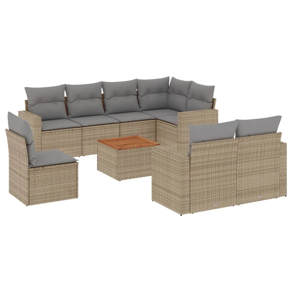Set Divano da Giardino 9 pz con Cuscini Beige Misto Polyrattan