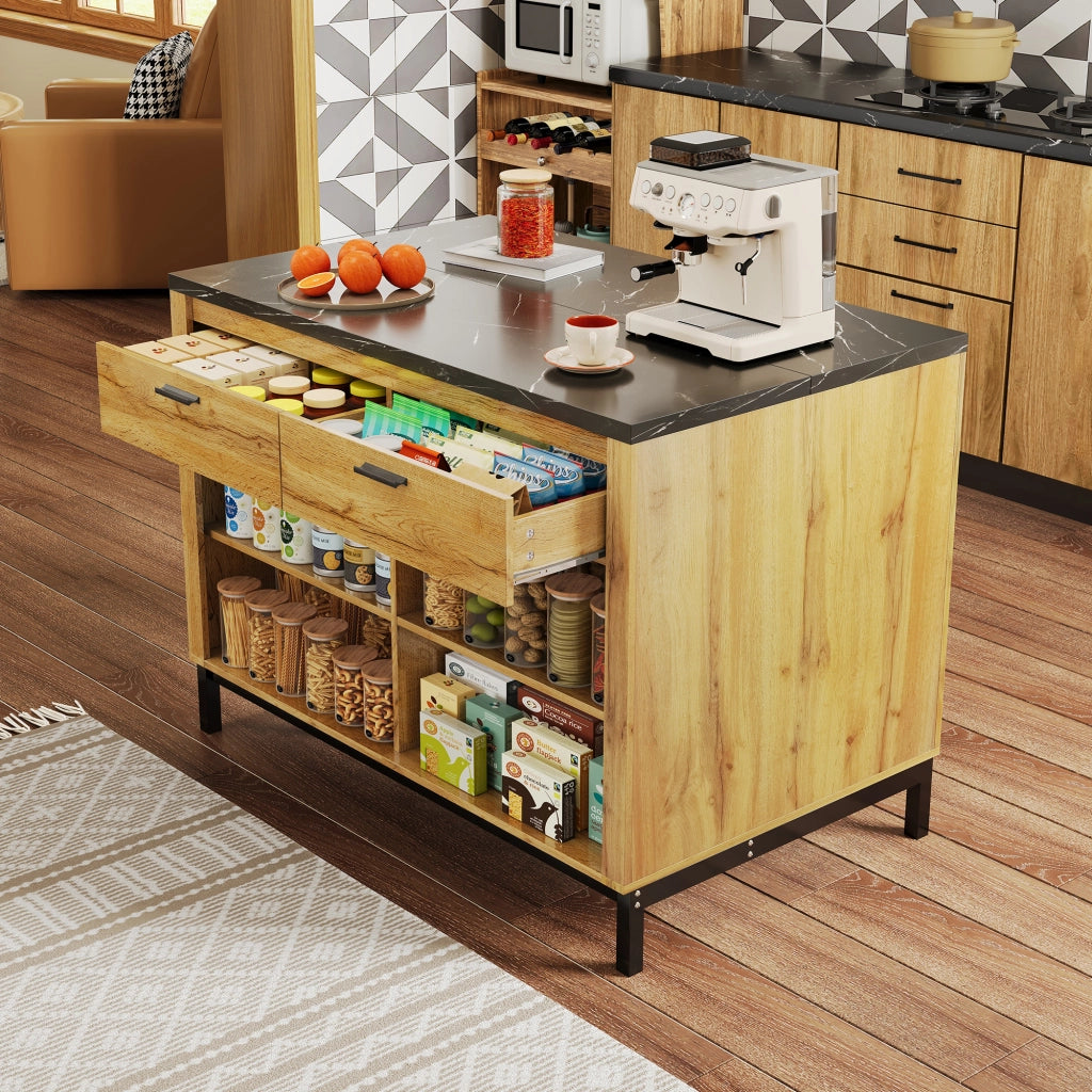 Isola da cucina in stile rustico con 2 cassetti e 4 ripiani aperti, piano effetto marmo nero, per cucina 120 × 75 × 90 cm