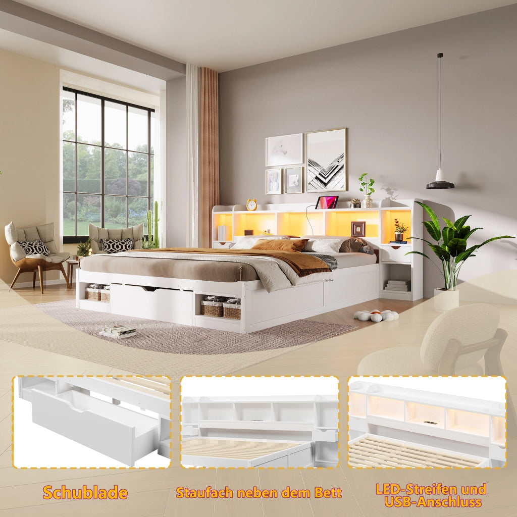 Letto matrimoniale a piattaforma 180x200 cm con vani e cassetti; LED bianco