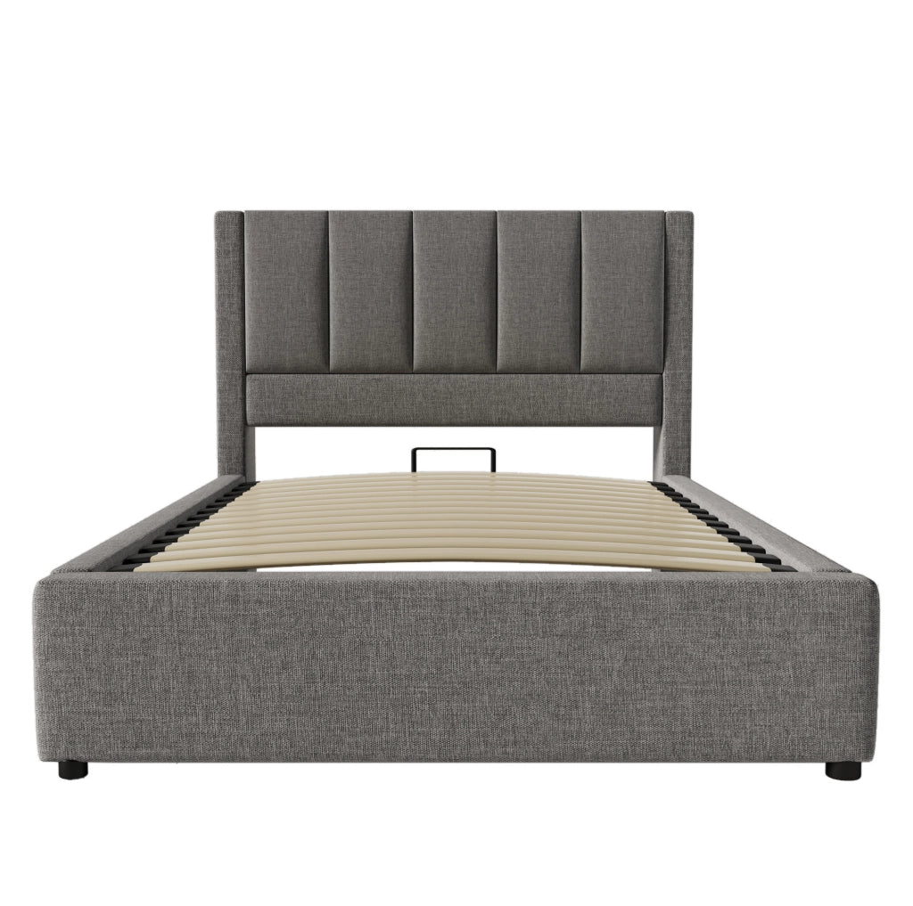 Letto contenitore idraulico 90x200 cm con portabicchiere e stazione di ricarica; lino grigio