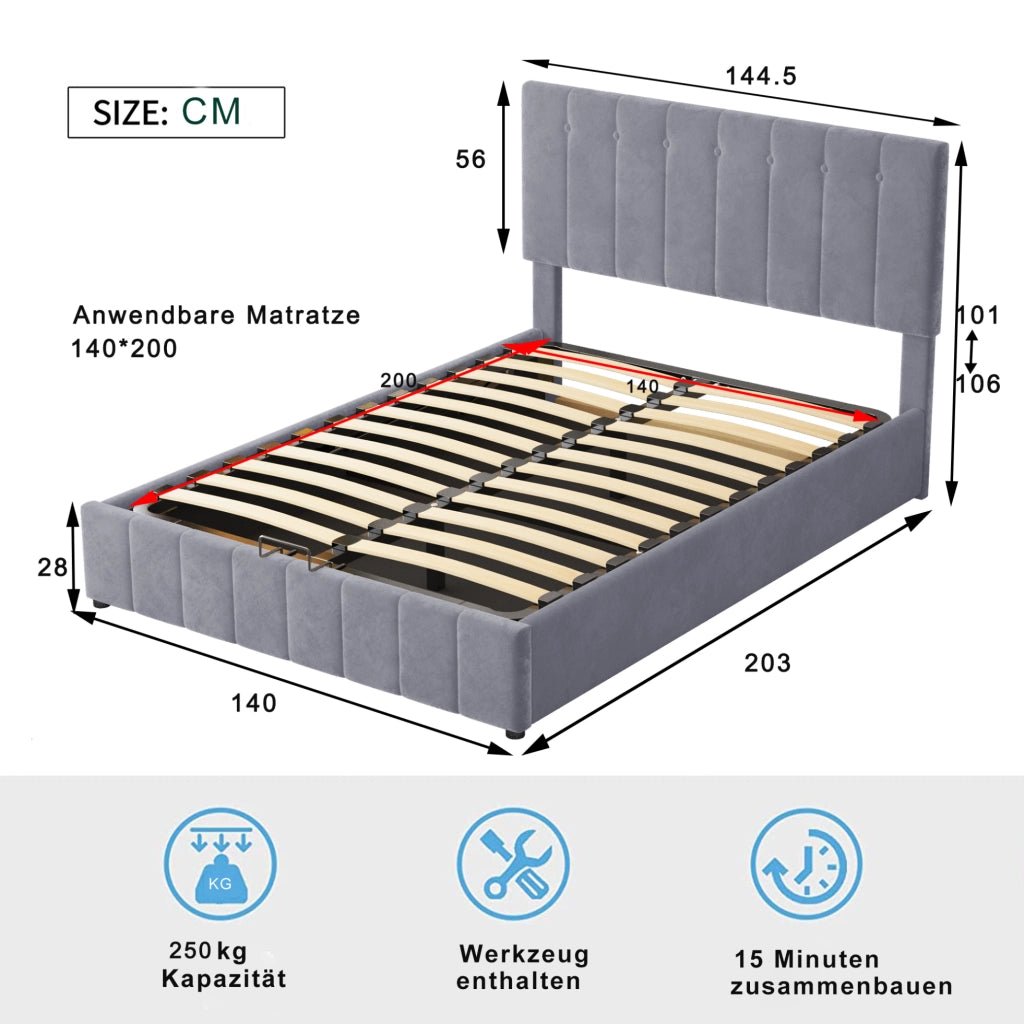Letto imbottito contenitore 140x200 cm con rete a doghe; velluto grigio